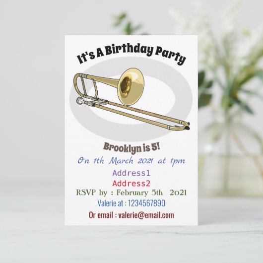 Trombone-Cartoon Einladung (Stehend Vorderseite)