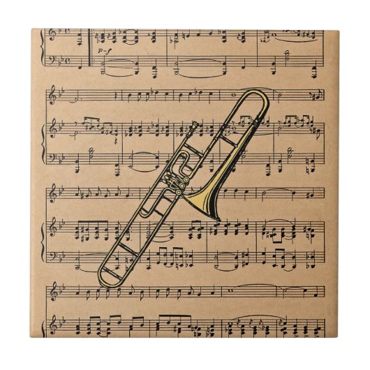 Trombone mit Notenhintergrund Fliese (Vorderseite)