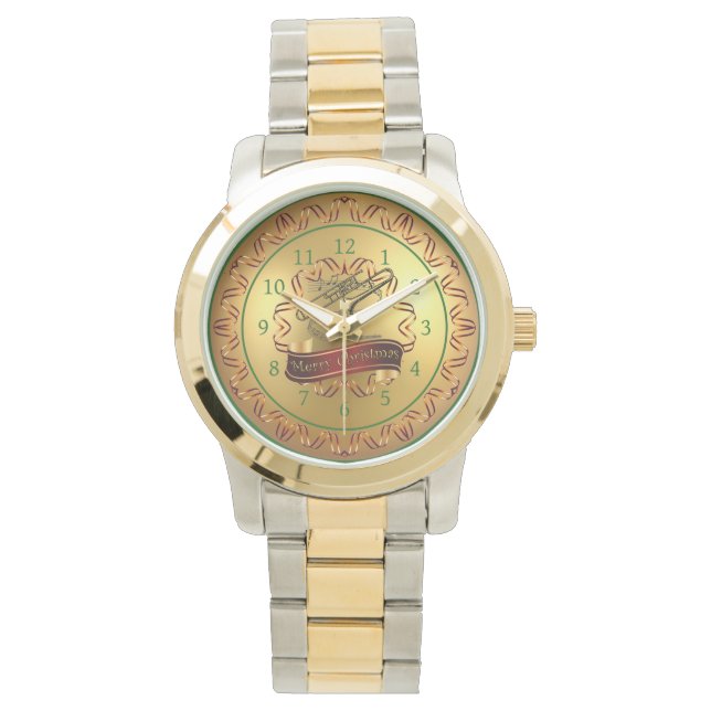 Trombone ~ Musical Scroll ~ Gold "Frohe Weihnachte Armbanduhr (Vorderseite)