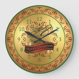 Trombone ~ Musical Scroll ~ Gold "Frohe Weihnachte Große Wanduhr
