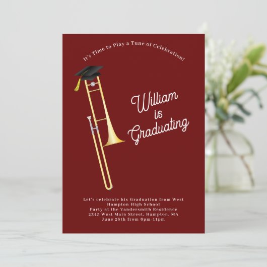 Trombone Musician Graduation Party Music Einladung (Stehend Vorderseite)