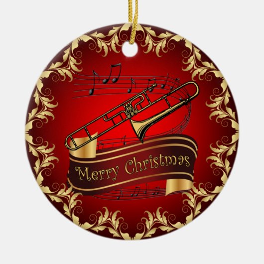 Trombone ~ Musikalische Scroll ~ Frohe Weihnachten Keramik Ornament (Vorne)