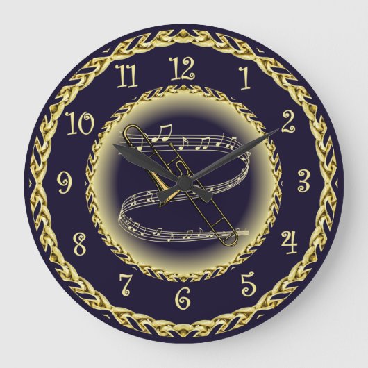 Trombone ~ Musikalische Scroll ~ Gold/Navy Blue ~ Große Wanduhr (Vorderseite)