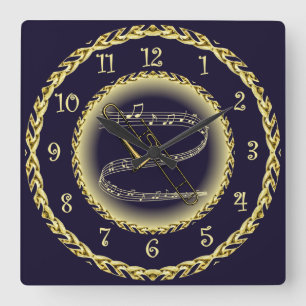 Trombone ~ Musikalische Scroll ~ Gold/Navy Blue ~ Quadratische Wanduhr