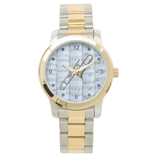 Trombone~Rollsheet Music~Blue Tint Hintergrund~ Armbanduhr (Vorderseite)