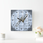 Trombone~Rollsheet Music~Blue Tint Hintergrund~ Quadratische Wanduhr (Zuhause)