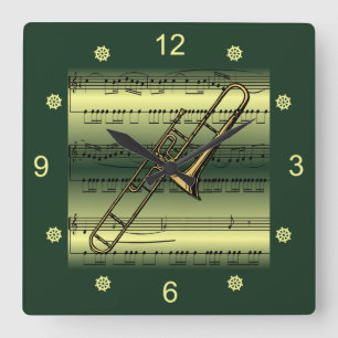 Trombone~Rollsheet Music~Gold/Green Background~ Quadratische Wanduhr