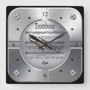Trombone ~ Sheet Music ~ Brushed Silver Color ~ Quadratische Wanduhr
