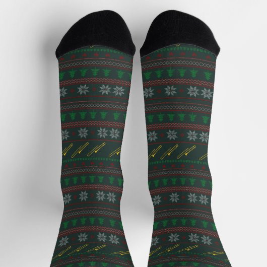 Trombone Ugly Christmas Sweater Pattern Holiday Socken (Oben)