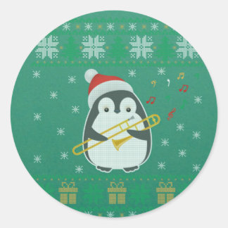 Trombone Ugly Christmas Sweater Pinguin Xmas Famil Runder Aufkleber