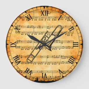 Trombone ~ Vintager Notenhintergrund ~ Einzigartig Große Wanduhr