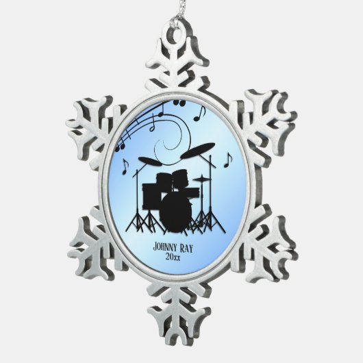 Trommel-blauer persönlicher Name und Datum Schneeflocken Zinn-Ornament (Rechts)
