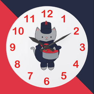 Trommler Katze Marschkapelle Navy Blau Rot Große Wanduhr