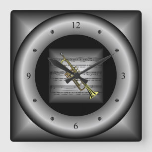Trompet ~ 3-D Sheet Music ~ Kissen Silber/Schwarz Quadratische Wanduhr