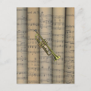 Trompet ~ Hintergrund der Notenblätter ~ Musik Postkarte