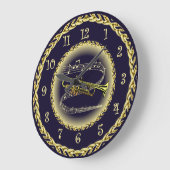 Trompet ~ Musikalische Scroll ~ Gold/Navy Blue ~ Große Wanduhr (Winkel)
