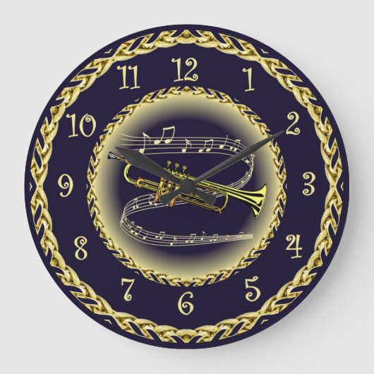 Trompet ~ Musikalische Scroll ~ Gold/Navy Blue ~ Große Wanduhr (Vorderseite)