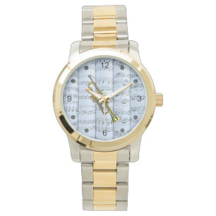 Trompet~Rollsheet Music~Blue Tint Hintergrund ~  Armbanduhr