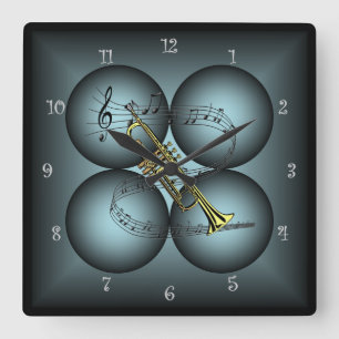 Trompete ~ 4 Globus ~ Musikuhr ~ Tonleiter ~ Quadratische Wanduhr