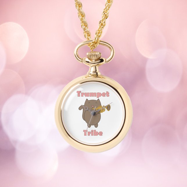 Trompeten-Stamm-Katze Rosa Buchstaben Armbanduhr (A watch necklace featuring a cat playing the trumpet and the words trumpet tribe.)