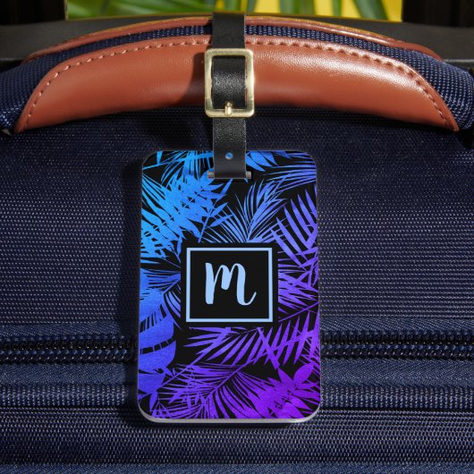 Tropenblau lila Palmblattmonogramm modern Gepäckanhänger (Vorderseite Insitu 2)