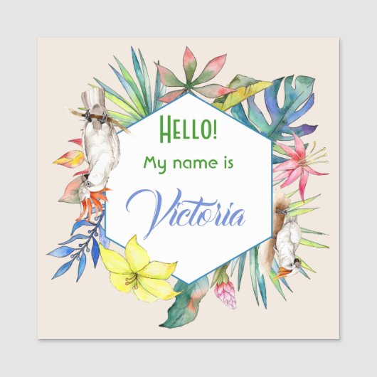 Tropenfarbene Blume und großer Vogelplatz Namensschild (Vorderseite)