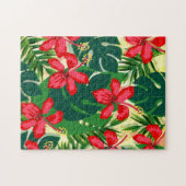 Tropenfarbener Dschungel Hibiskus rot und grün Puzzle (Horizontal)