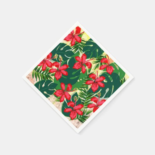 Tropenfarbener Dschungel Hibiskus rot und grün Serviette (Ecke)