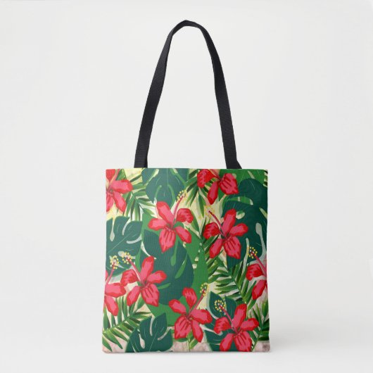 Tropenfarbener Dschungel Hibiskus rot und grün Tasche (Vorderseite)