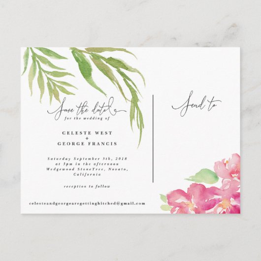 Tropenfarbenflora Save the Date Ankündigungspostkarte (Rückseite)