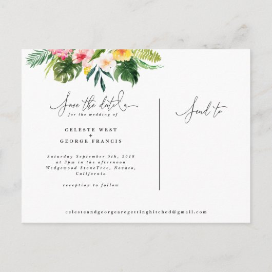 Tropenfarbenfolienskript Save the Date Ankündigungspostkarte (Rückseite)