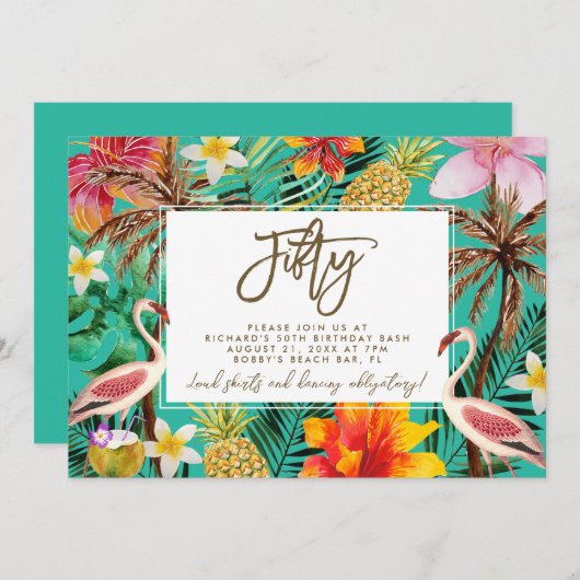 Tropenflamingo Einladung zum 50. Geburtstag (Vorne/Hinten)