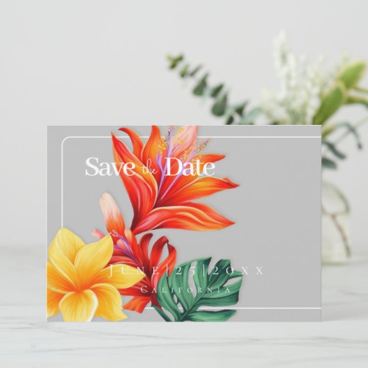 Tropenflorale Save the Date (Stehend Vorderseite)