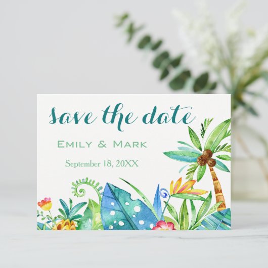 Tropenflorale Save the Date Postkarte (Stehend Vorderseite)
