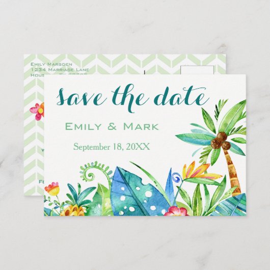 Tropenflorale Save the Date Postkarte (Vorne/Hinten)
