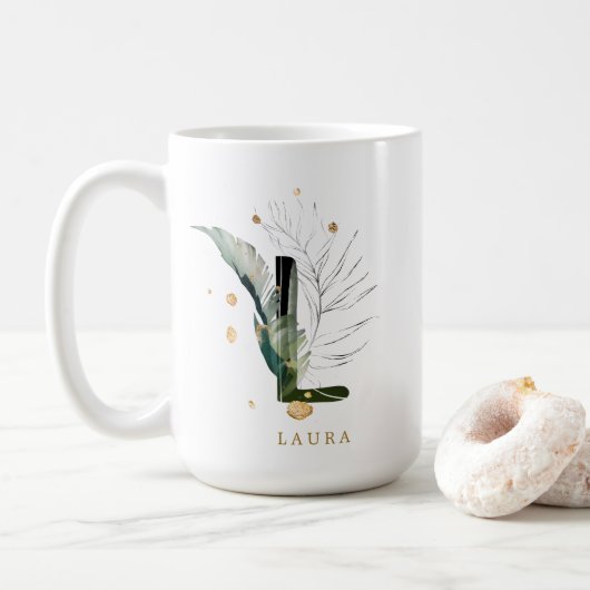 Tropenfolienmonogramm-Buchstaben "L" Personalisier Kaffeetasse (Mit Donut)
