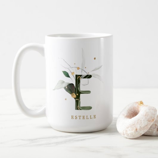 Tropenfolienmonogramm-Letter "E" Personalisiert Kaffeetasse (Mit Donut)