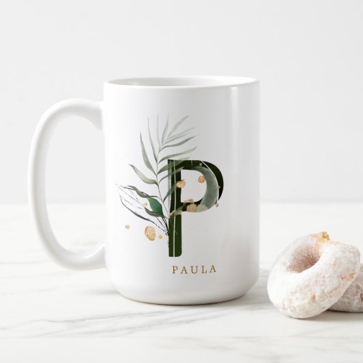 Tropenfolienmonogramm-Letter "P" Personalisiert Kaffeetasse (Mit Donut)