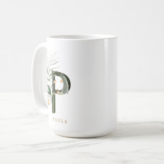 Tropenfolienmonogramm-Letter "P" Personalisiert Kaffeetasse (Vorderseite Links)
