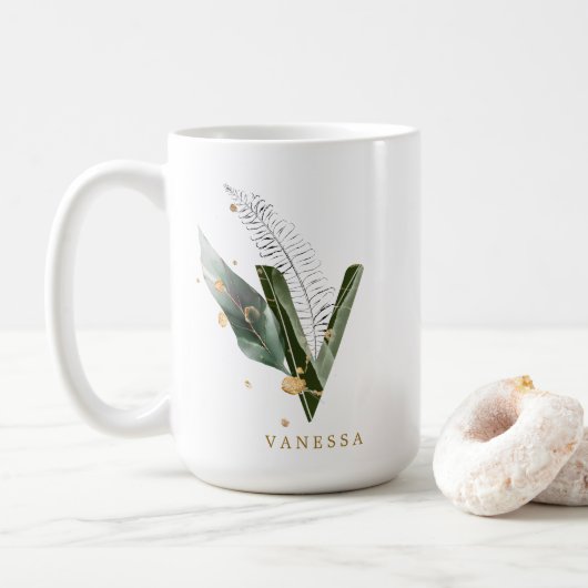 Tropenfolienmonogramm-Letter "V" Personalisiert Kaffeetasse (Mit Donut)