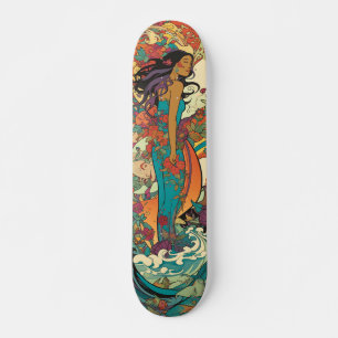 Tropenfrau mit Blume und Meer Vintag Skateboard