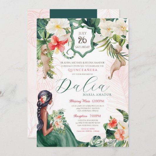 Tropeninsel Emerald Green Floral Quinceanera Einladung (Vorne/Hinten)