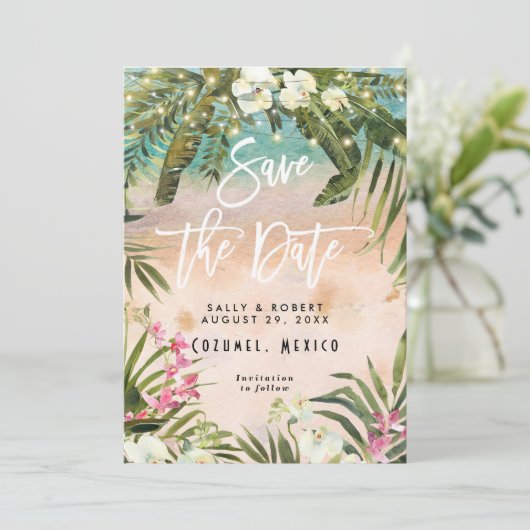 Tropenleuchten Hochzeit speichern Sie die Dattelka Dankeskarte (Stehend Vorderseite)