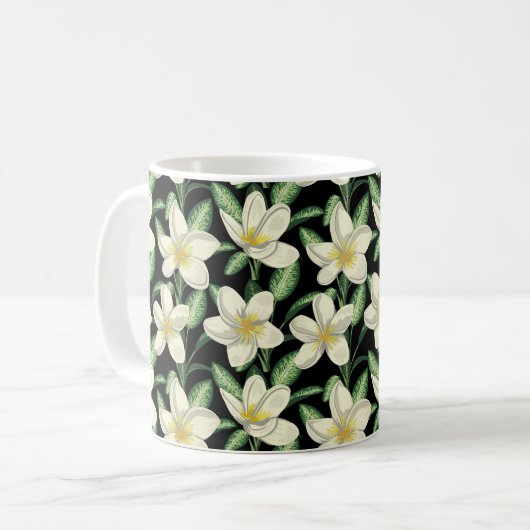 Tropennahtlose, weiße Blume, grünes Blatt Kaffeetasse (Vorderseite Links)