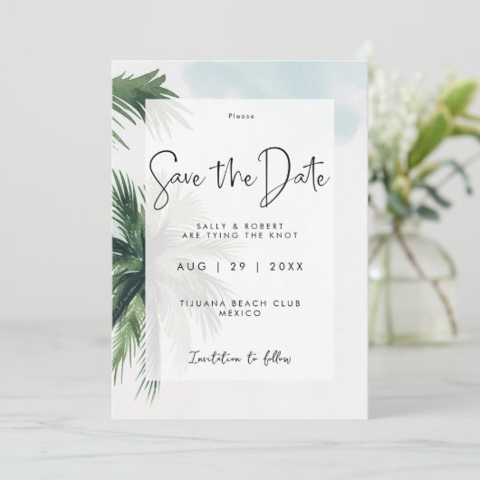 Tropenpalmen Save the Date Karte (Stehend Vorderseite)