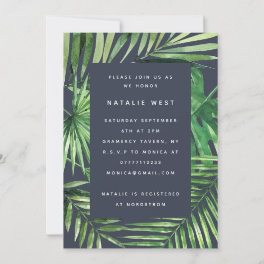 Tropenpalmenblatt Bridal Dusche Einladung (Rückseite)