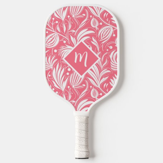 Tropenrosa Blumenmuster Diamond Monogram Pickleball Schläger (Vorderseite)