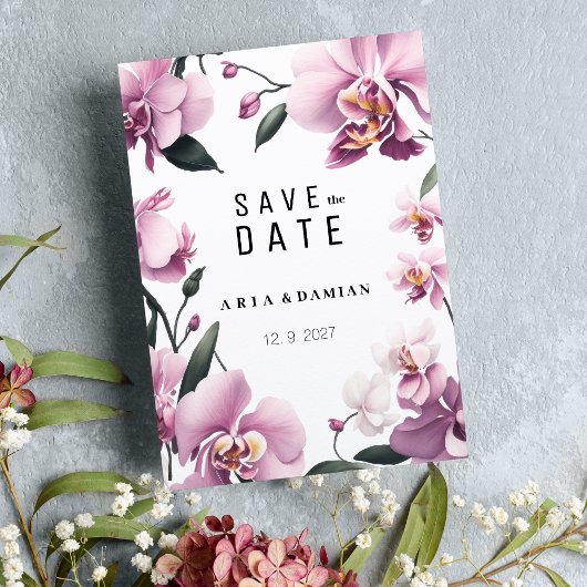 Tropenrosa, elegante Orchideen Save the Date Einladung