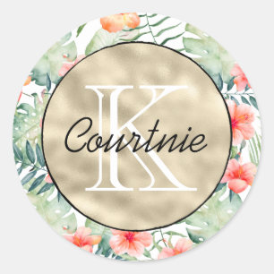Tropenrosa Hibiskus Floral Gold Monogramm        Runder Aufkleber