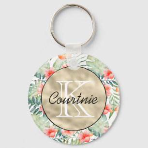 Tropenrosa Hibiskus Floral Gold Monogramm Schlüsselanhänger